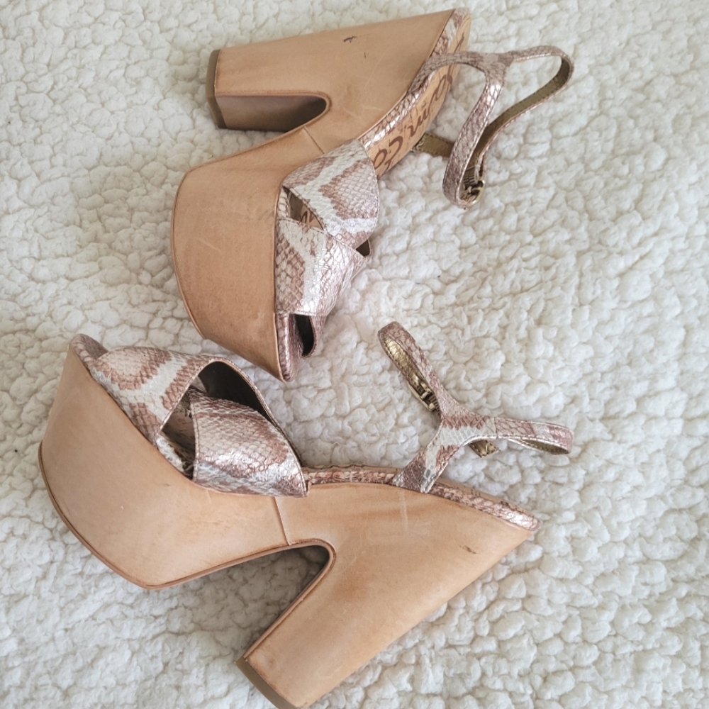 SAM EDELMAN Corbin Tan Shimmer Snake Print Platform Leather Sandals size 7M